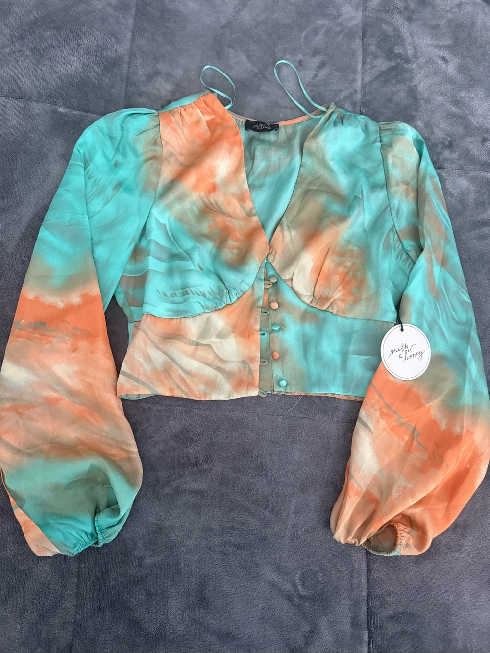 Teal and Orange Tie-Dye Cropped Blouse